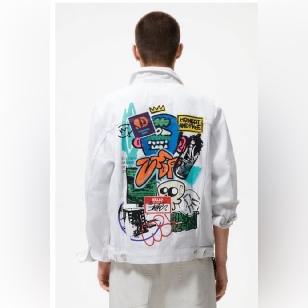 Zara Man Denim Jacket with Graffiti Style Print. Size S and L. NWT